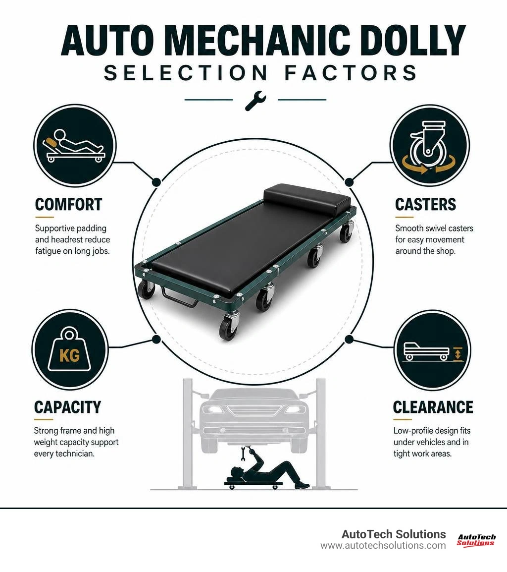 Auto mechanic dolly selection factors: comfort, casters, capacity, and clearance infographic