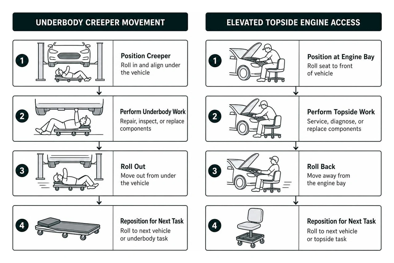 Workflow diagram comparing underbody creeper movement versus elevated topside engine access