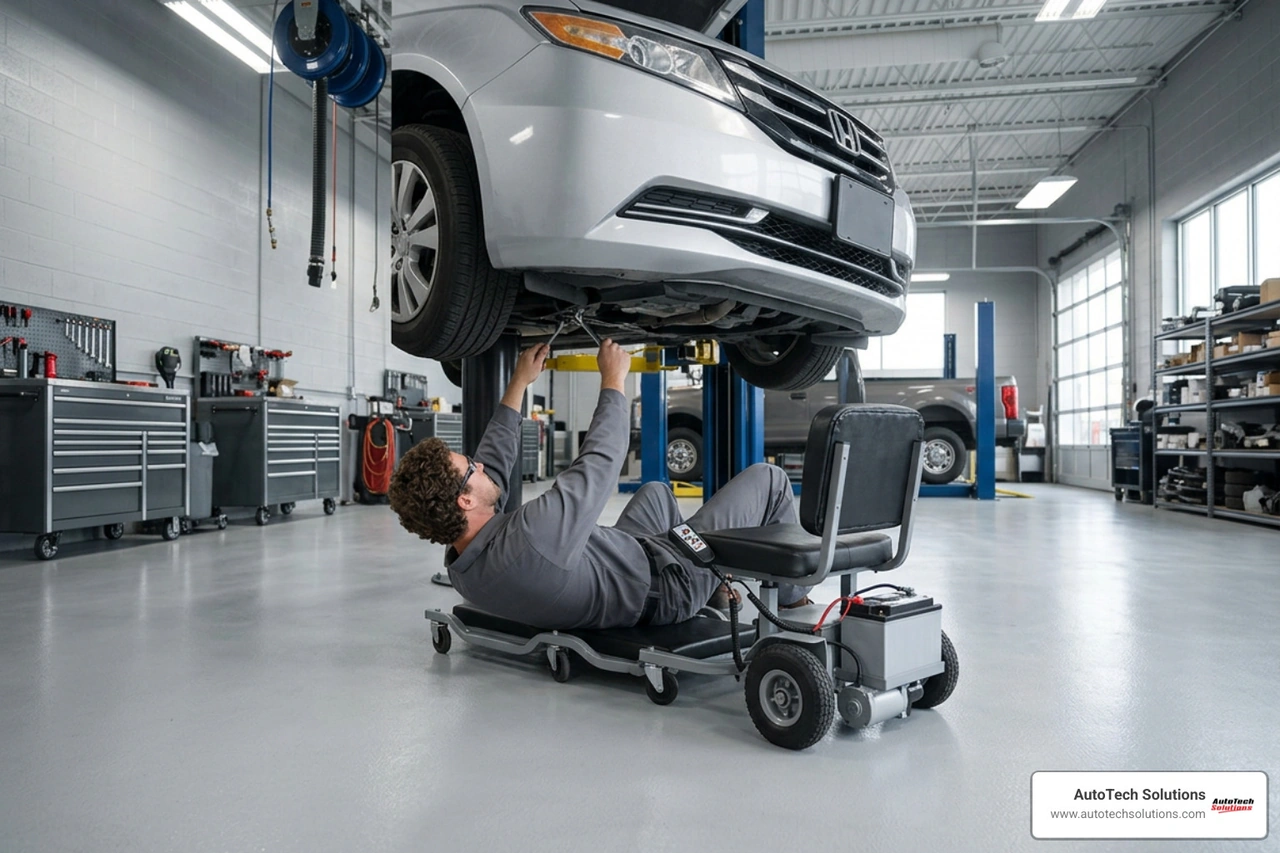 Automated battery-powered motorized mechanic creeper chair in commercial garage setup