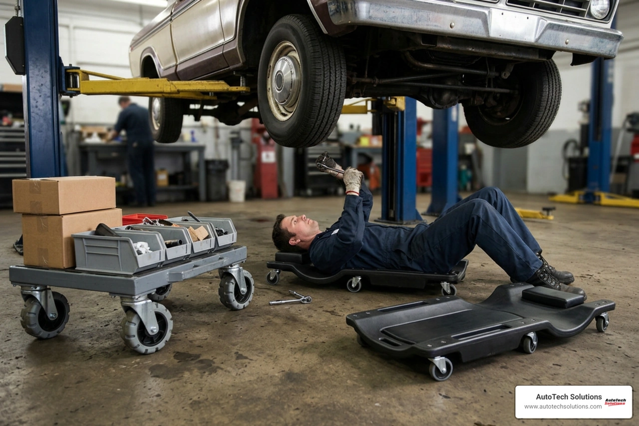 Commercial garage shop creepers and rolling dolly systems