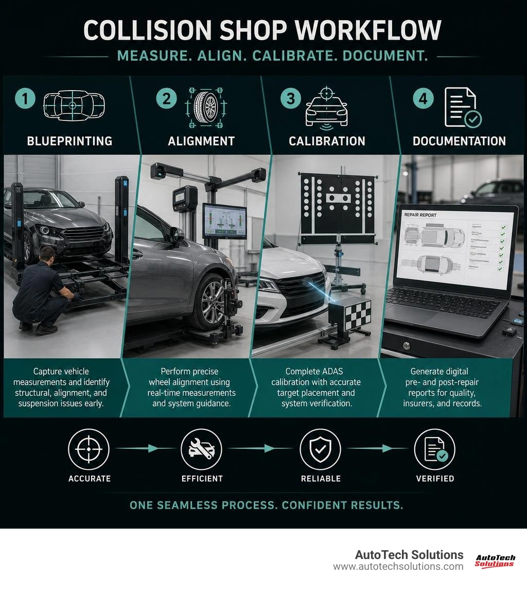 Collision shop workflow: blueprinting, alignment, calibration, documentation infographic