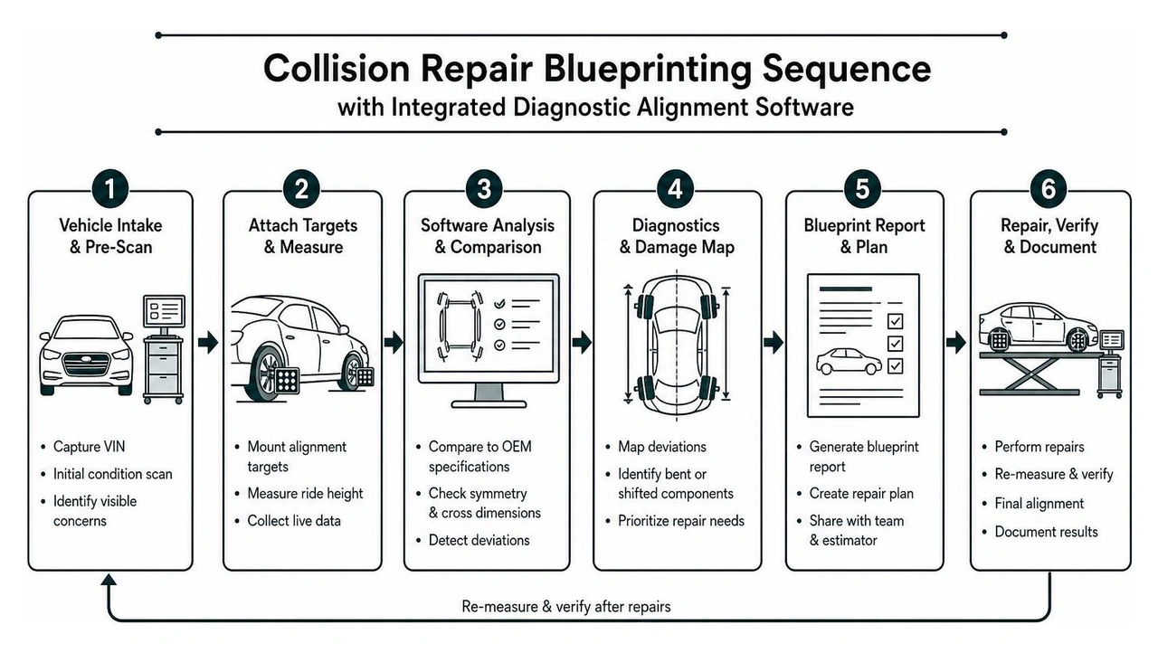 Collision repair blueprinting sequence with integrated diagnostic alignment software
