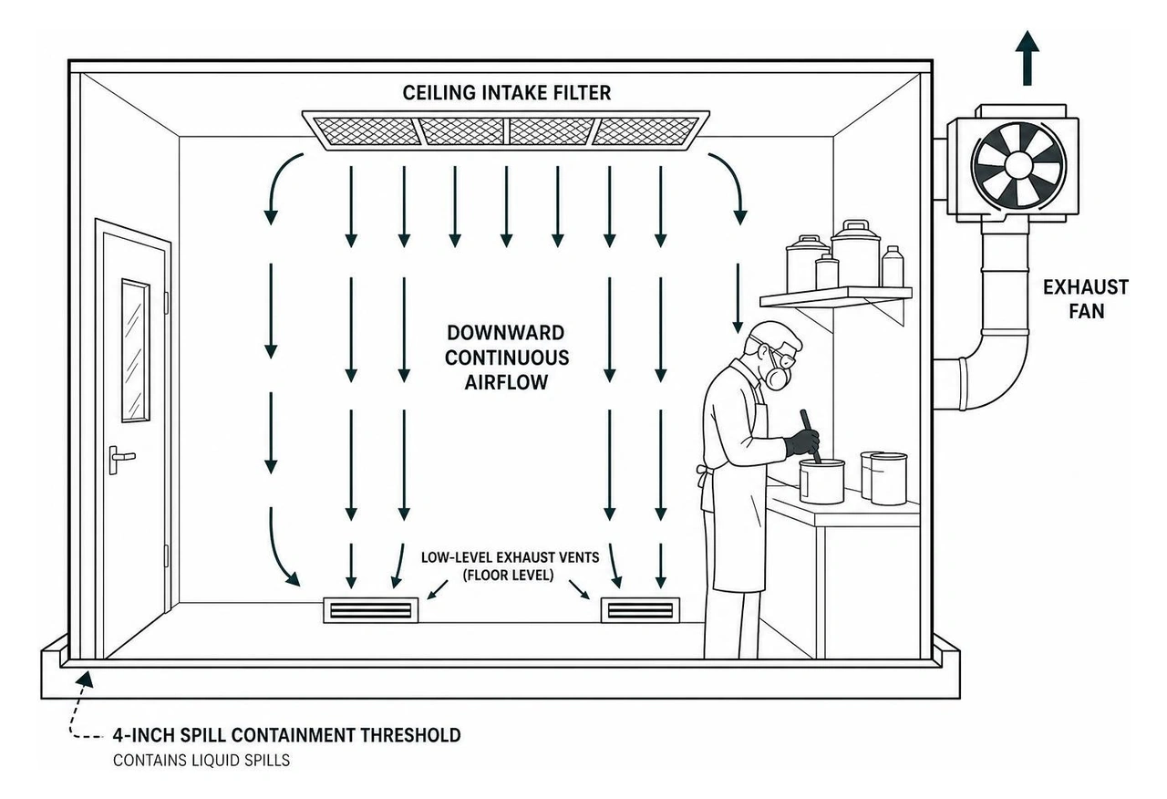 Downward continuous airflow pattern in paint mixing room