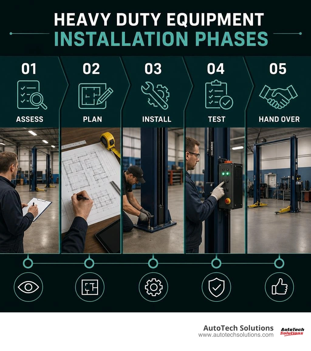 Heavy duty equipment installation phases: assess, plan, install, test, and hand over infographic