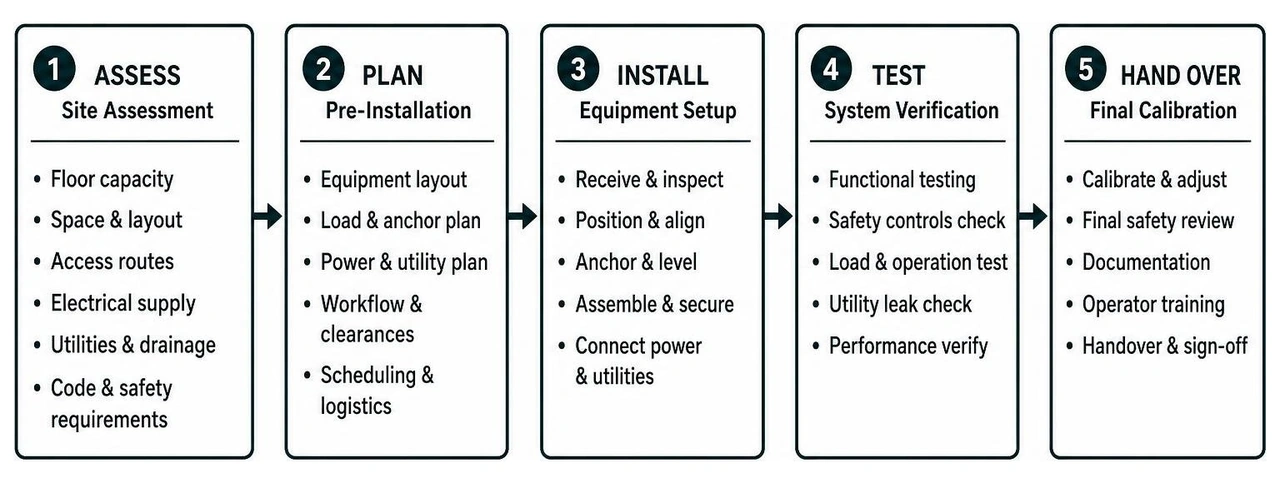 Heavy duty equipment installation sequence from initial site assessment to final calibration