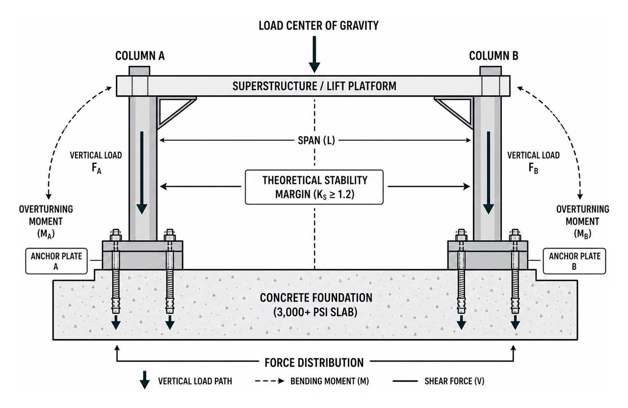 Structural tipping stability diagram showing force distribution across heavy lift columns and concrete foundation anchor