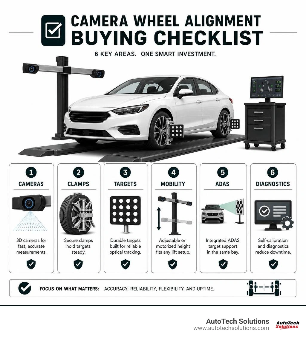 Camera wheel alignment buying checklist: cameras, clamps, targets, mobility, ADAS, diagnostics infographic
