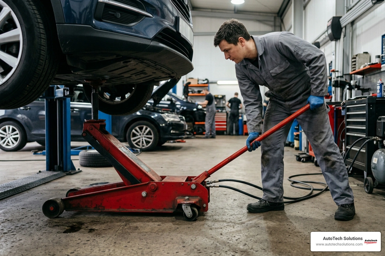 Technician maneuvering long-frame air hydraulic jack Technician maneuvering long-frame air hydraulic jack