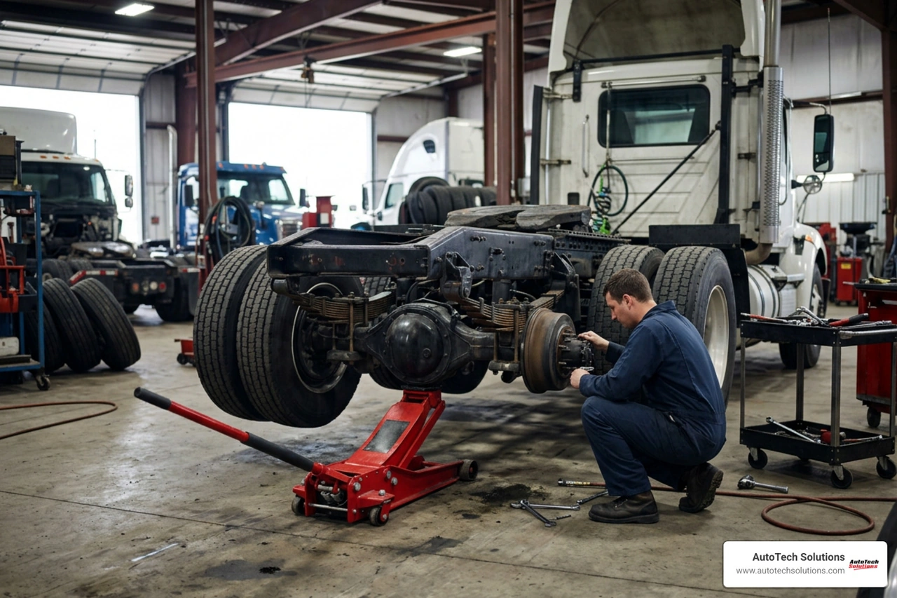 Heavy fleet service jack positioned under commercial axle Heavy fleet service jack positioned under commercial axle