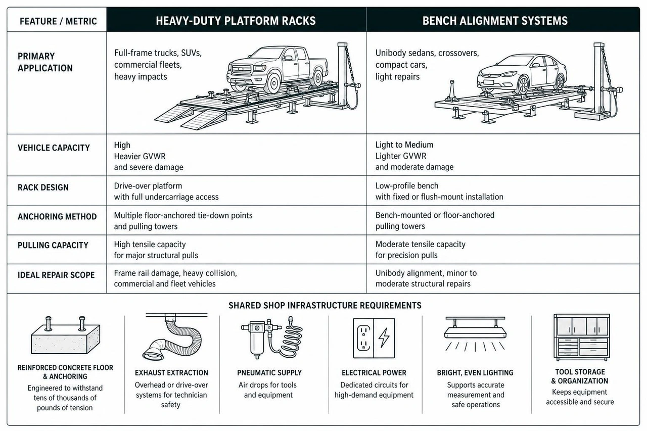 Comparison of frame rack configurations and shop infrastructure