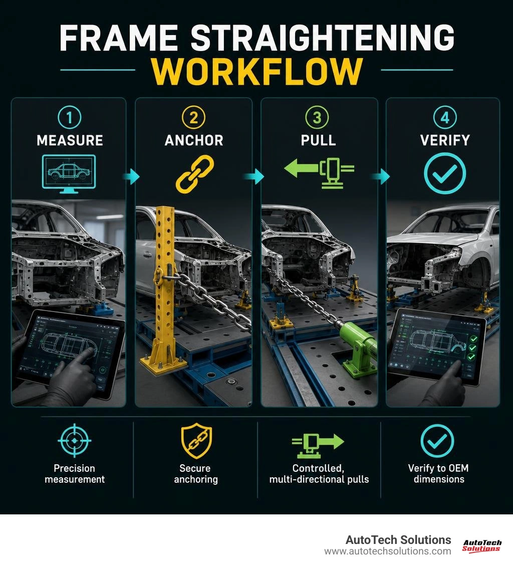 Frame straightening workflow: measure, anchor, pull, verify infographic