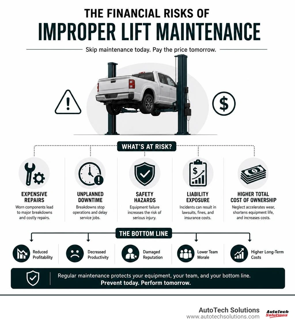 Financial risks of improper lift maintenance infographic
