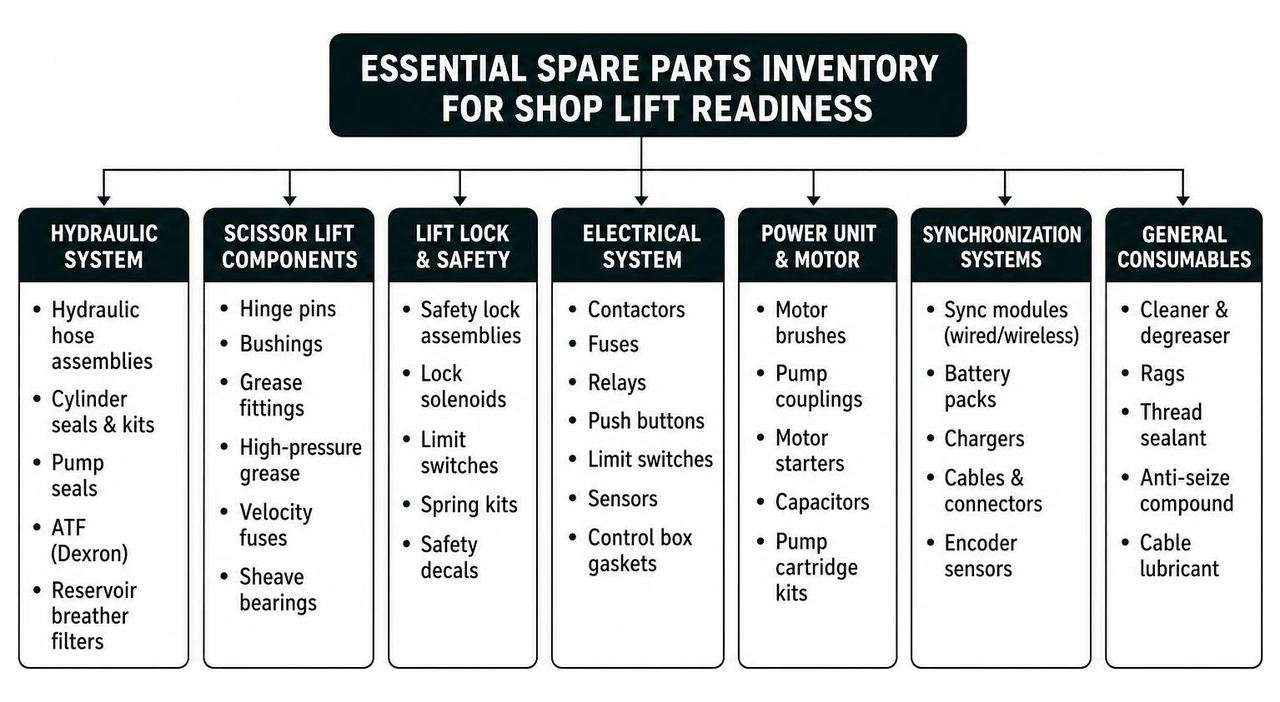 Essential spare parts inventory for shop lift readiness