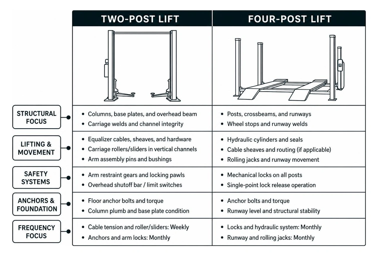 Two-post versus four-post maintenance focus area comparison