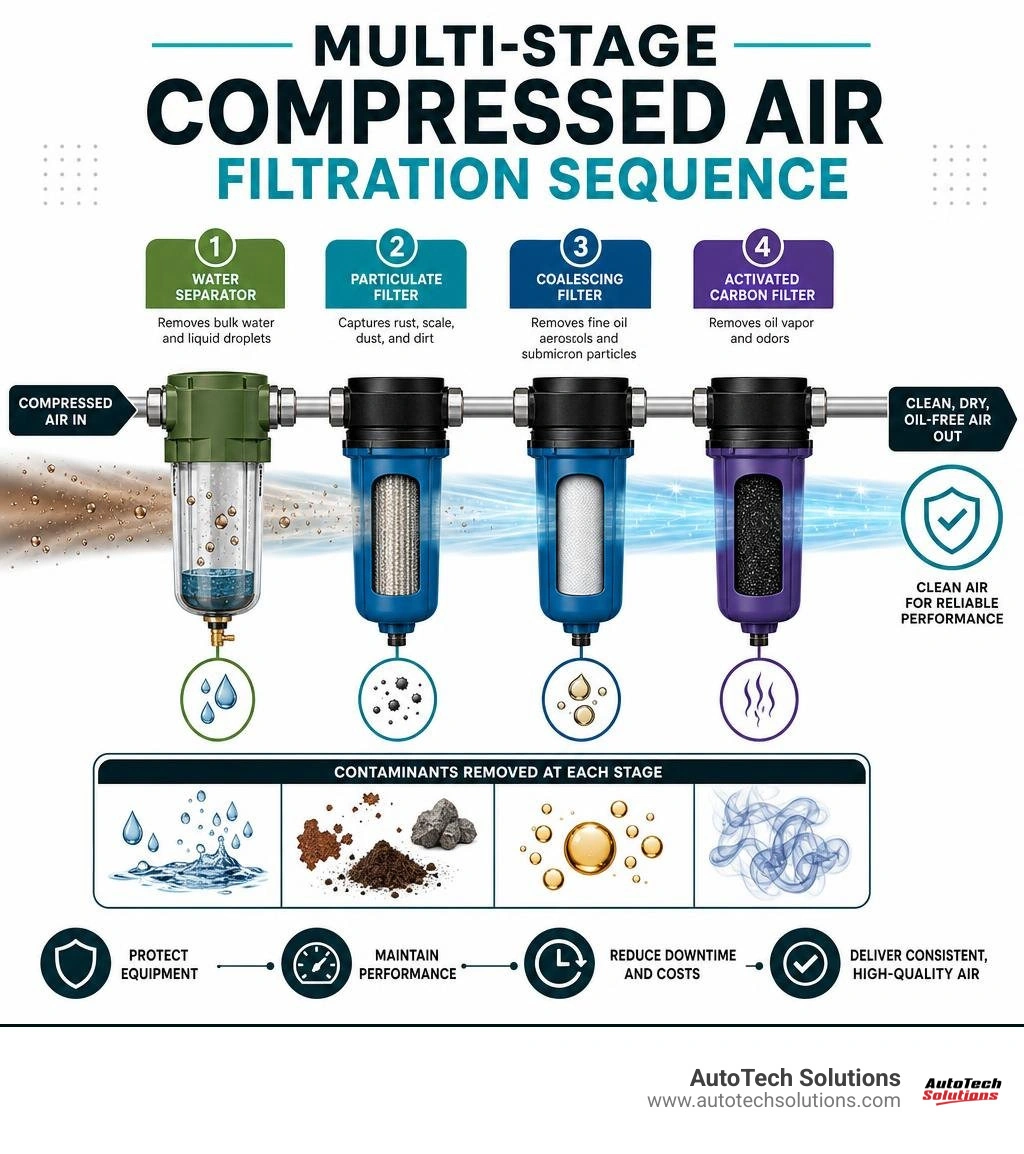 multi-stage compressed air filtration sequence infographic multi-stage compressed air filtration sequence infographic