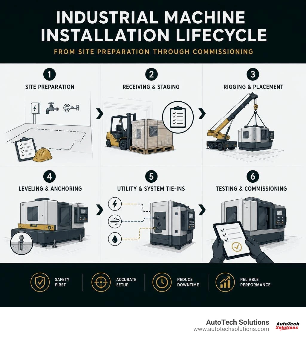 Industrial machine installation lifecycle from site preparation through commissioning infographic Industrial machine installation lifecycle from site preparation through commissioning infographic