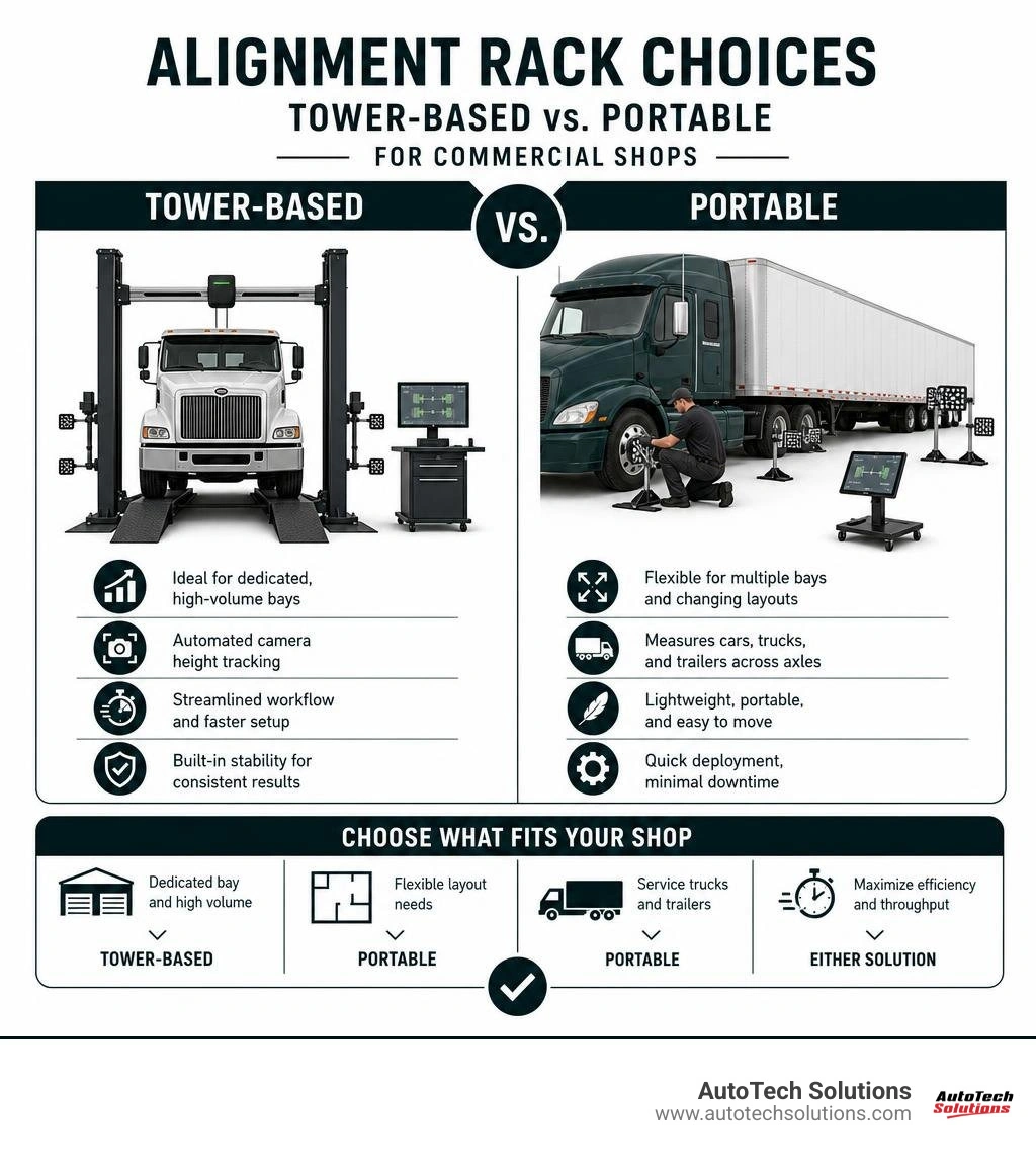 Comparison of tower-based and portable alignment rack choices for commercial shops infographic