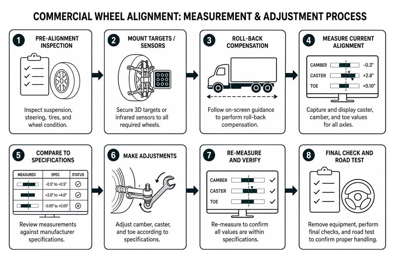 Step-by-step commercial wheel alignment measurement and adjustment process