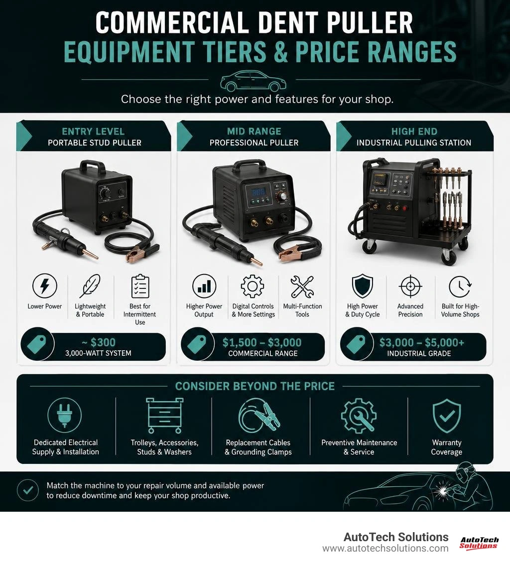 Commercial dent puller equipment tiers and price ranges infographic