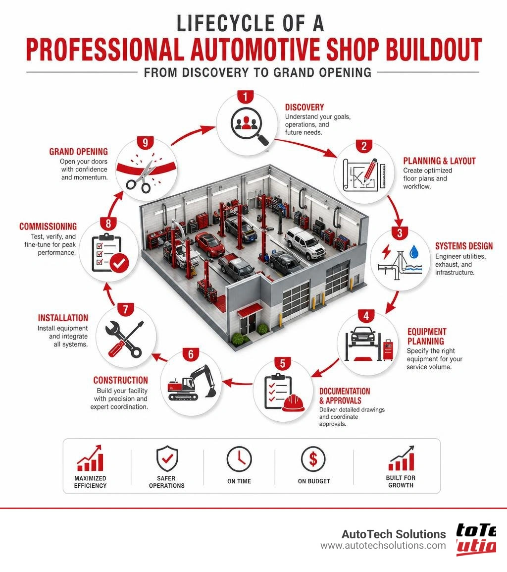 Lifecycle of a professional automotive shop buildout from discovery to grand opening infographic Lifecycle of a professional automotive shop buildout from discovery to grand opening infographic