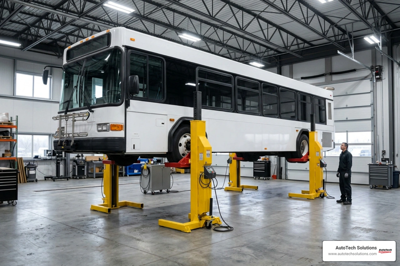 Synchronized mobile column lifts elevating a commercial transit bus