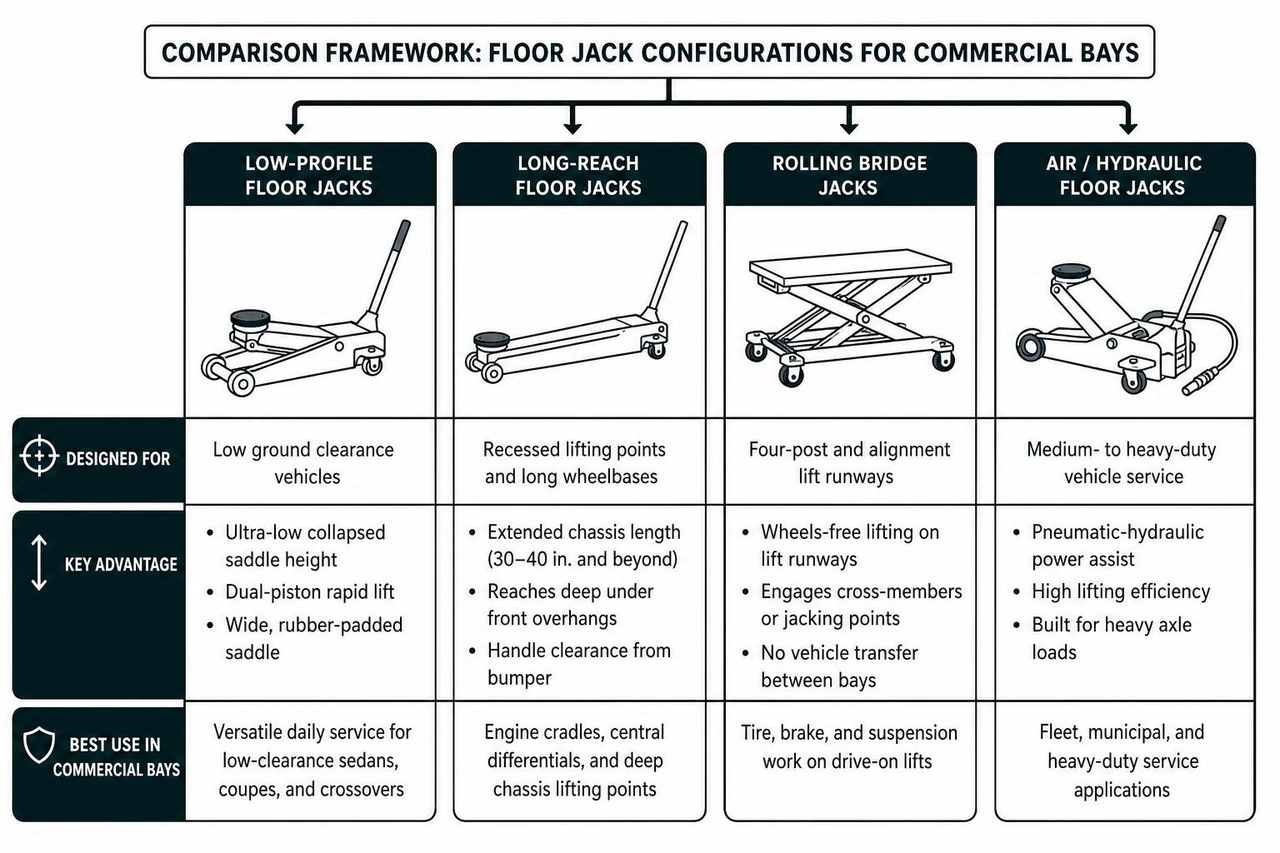Comparison framework of floor jack configurations for commercial bays Comparison framework of floor jack configurations for commercial bays