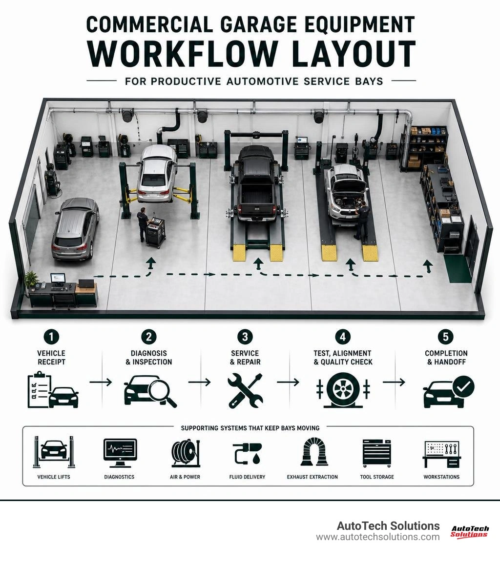 Commercial garage equipment workflow layout for productive automotive service bays infographic