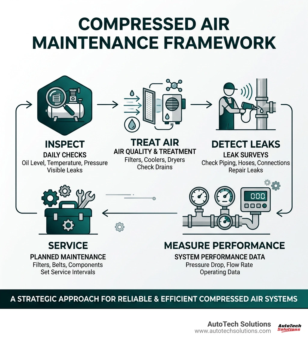 Compressed air maintenance framework: inspect, treat air, detect leaks, measure performance, service infographic Compressed air maintenance framework: inspect, treat air, detect leaks, measure performance, service infographic