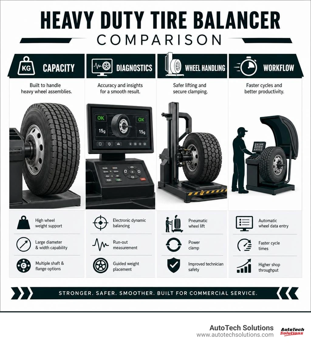 Heavy duty tire balancer comparison: capacity, diagnostics, wheel handling, and workflow infographic
