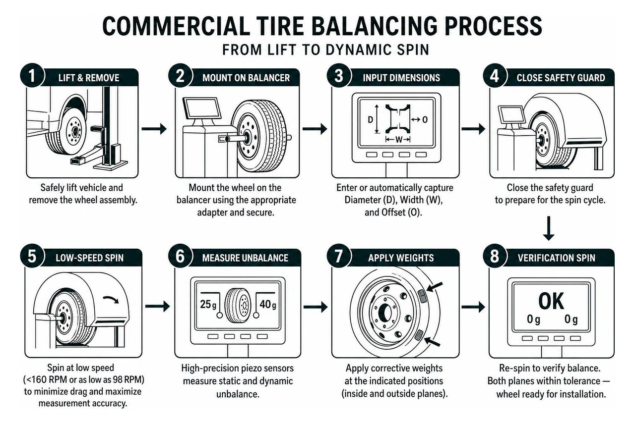 Commercial tire balancing process workflow from lift to dynamic spin