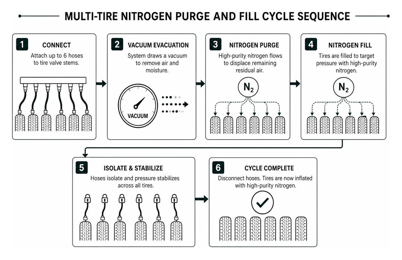 multi-tire nitrogen purge and fill cycle sequence