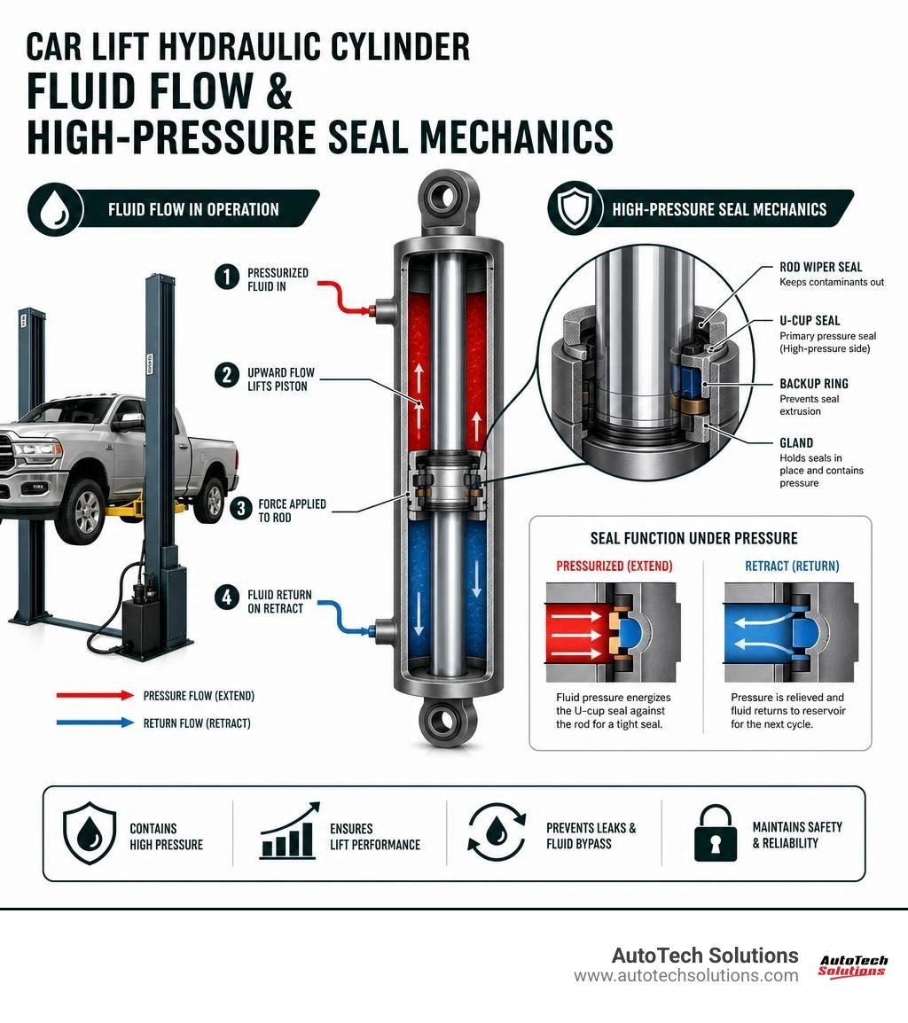 Car lift hydraulic cylinder fluid flow and high-pressure seal mechanics infographic