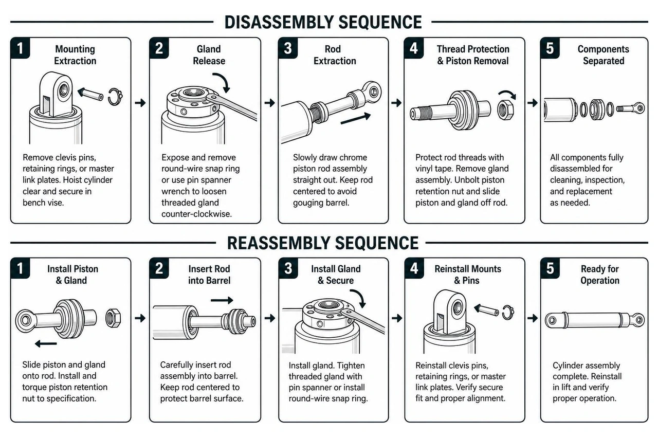 Commercial car lift cylinder disassembly and reassembly sequence