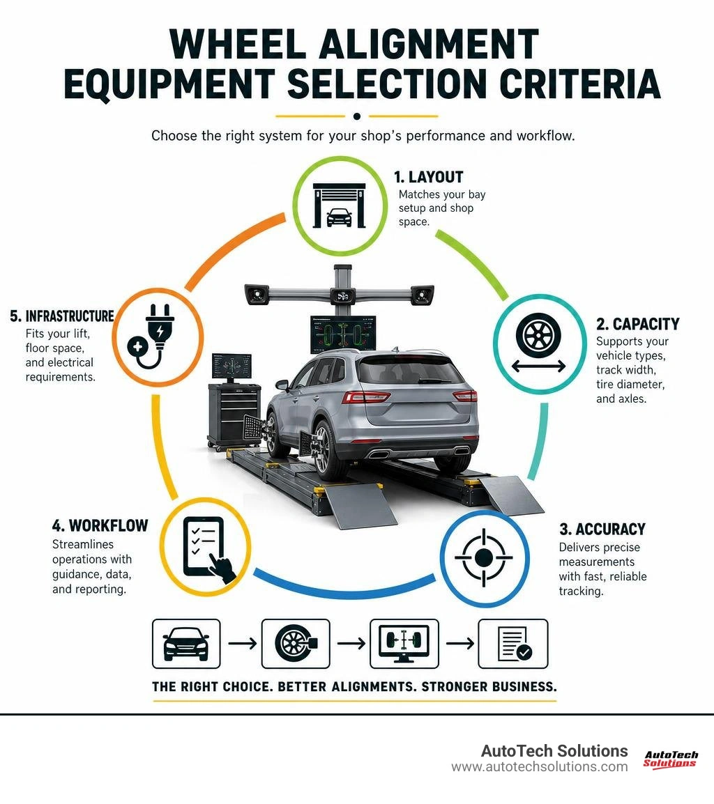 Wheel alignment equipment selection criteria: layout, capacity, accuracy, workflow, and infrastructure infographic