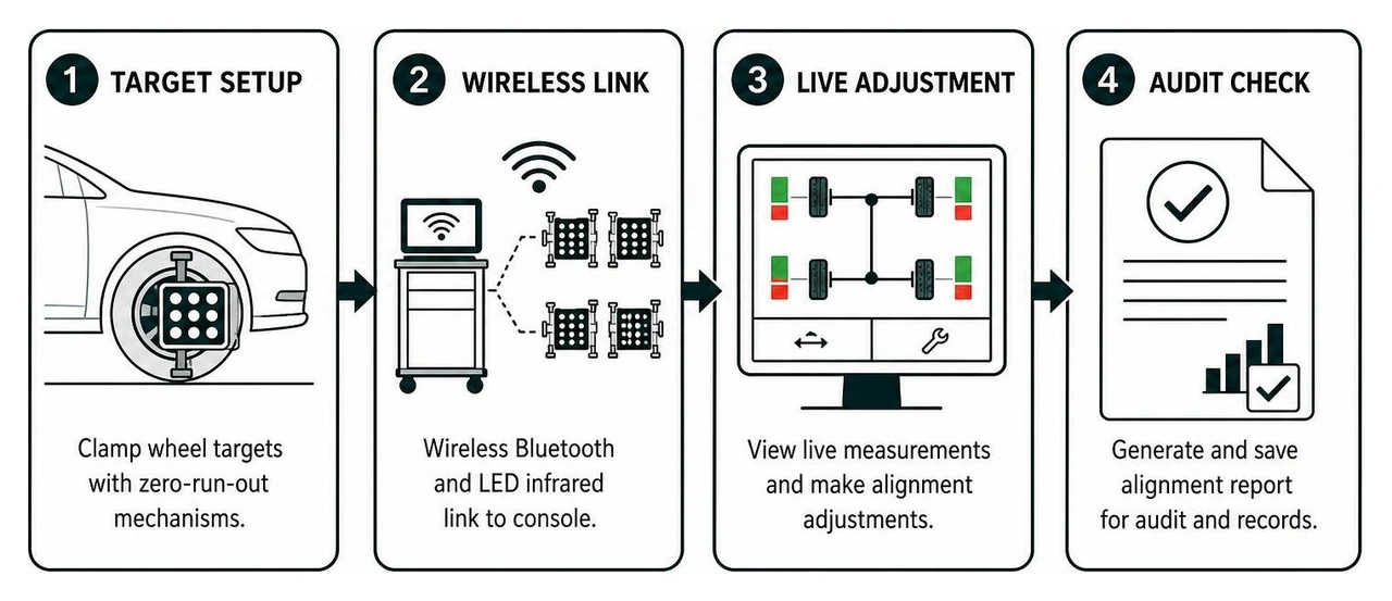 Step-by-step mobile alignment workflow: target setup, wireless link, live adjustment, audit check