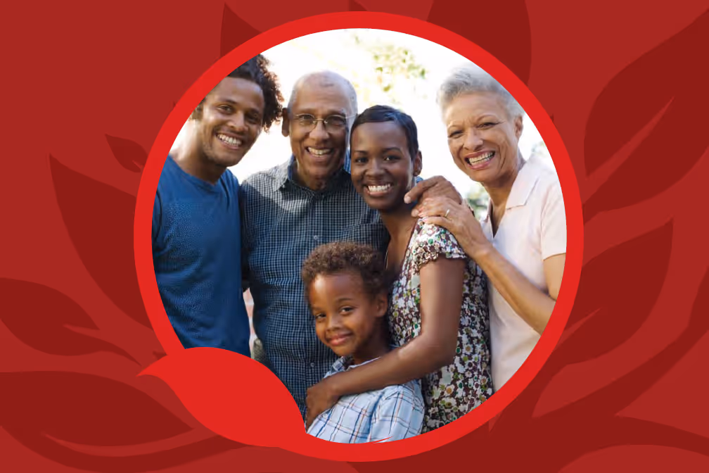 A snippet from the front page of the report, an African American family of five smiles at the camera