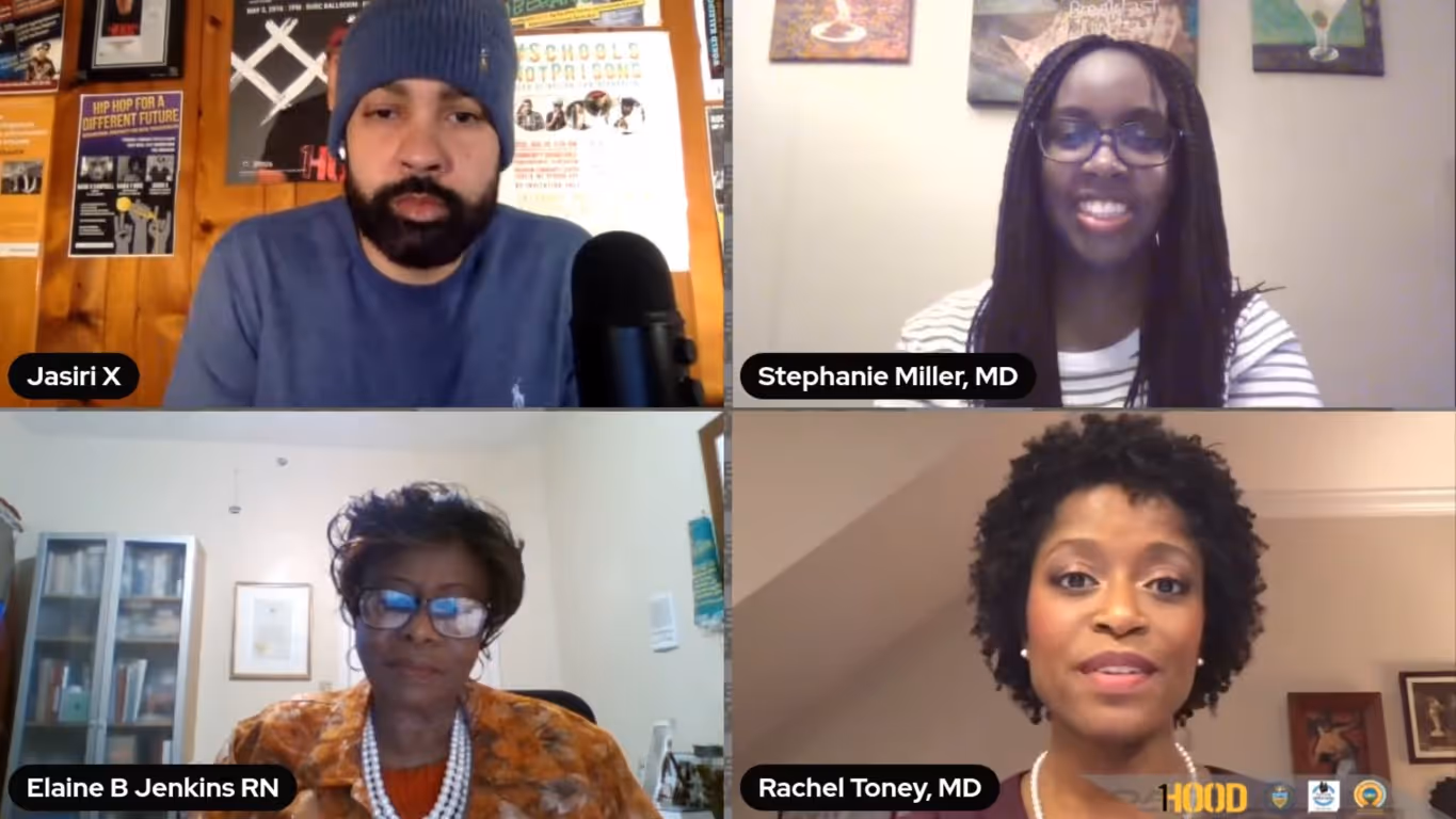 Jasiri X, Stephanie Miller, Elaine Jenkins, and Rachel Toney talk on a video call