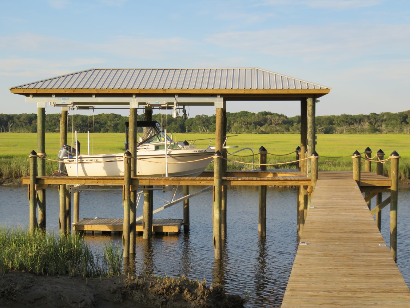 13,000 lb Concept CRS Boathouse Lift with Roof Tabs & Rear Roof Extention