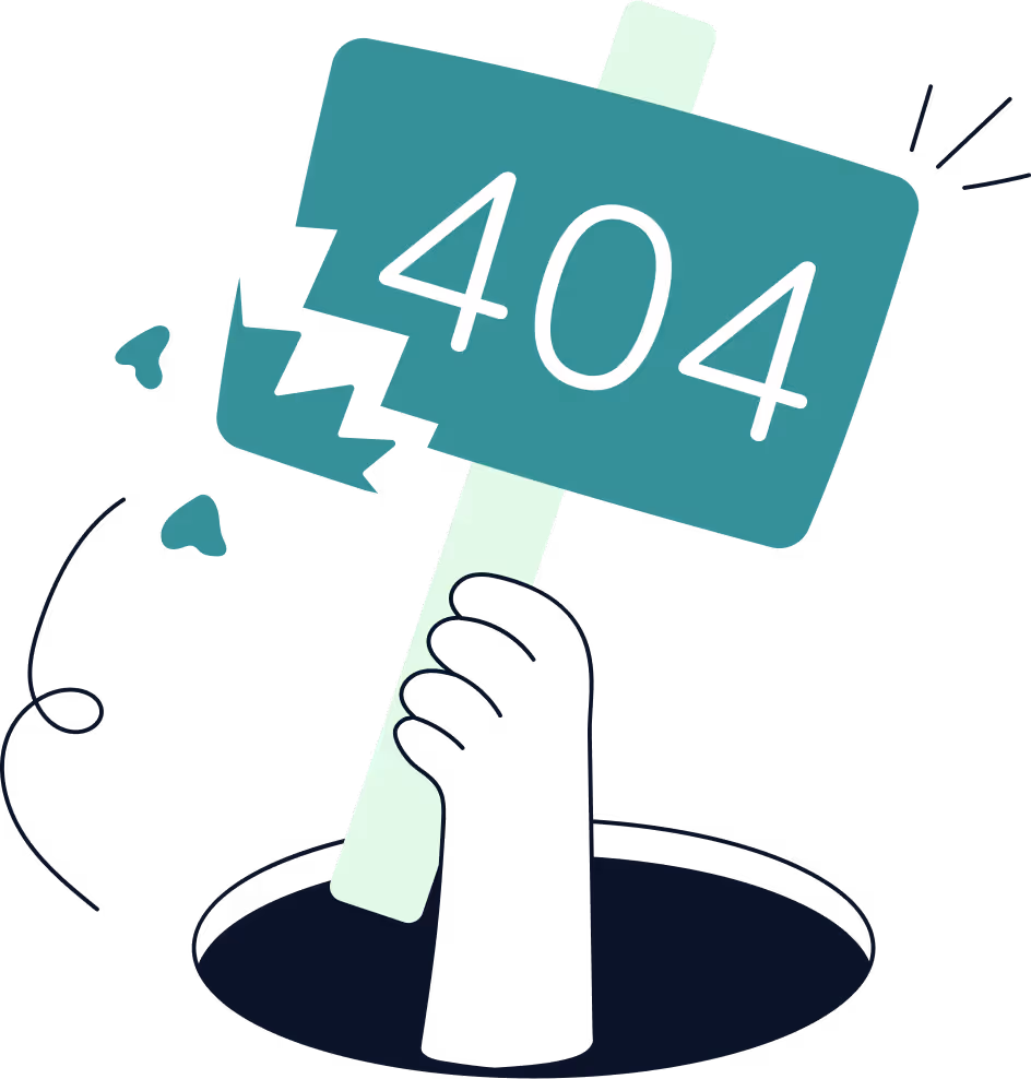 A shadowy hand rising from a hole holding a broken sign with the number 404.