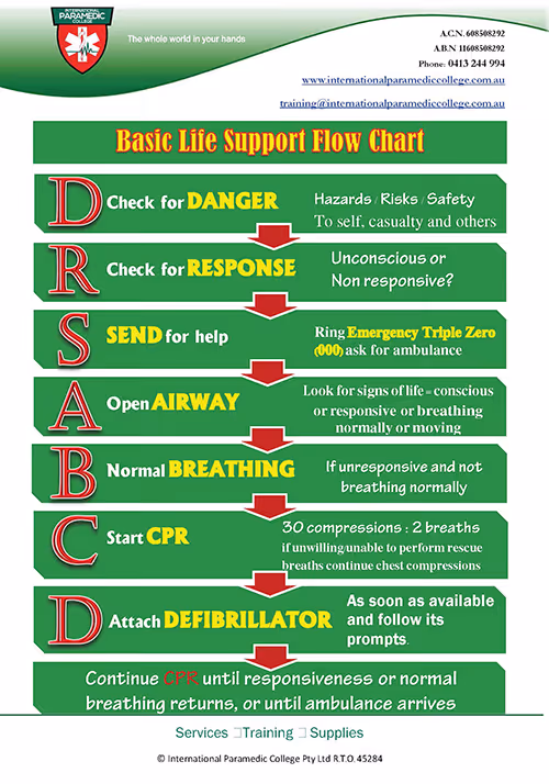 Infographic of the DRSABCD Basic Life Support flow chart outlining danger, response, send for help, airway, breathing, CPR, and defibrillation steps