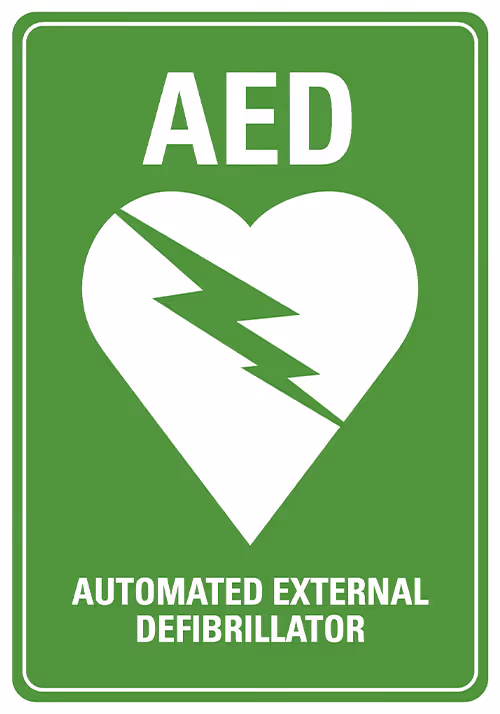 Automated External Defibrillator (AED) sign with heart and lightning bolt symbol