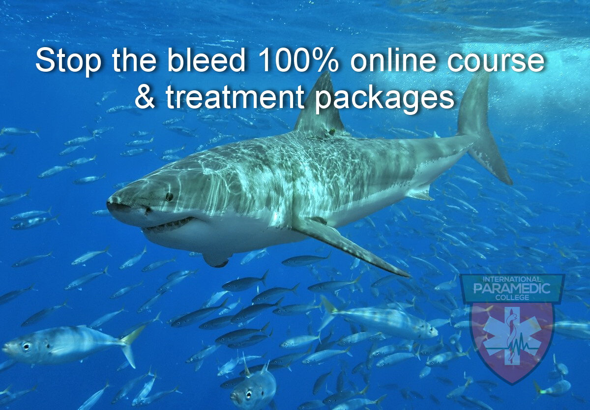Great white shark swimming underwater with text promoting an online “Stop the bleed” course.