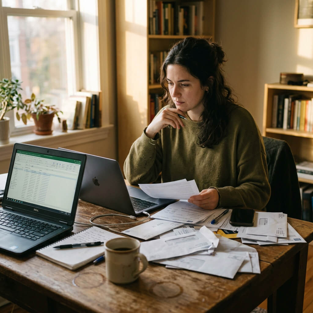 person organizing paperwork and direct mail campaigns