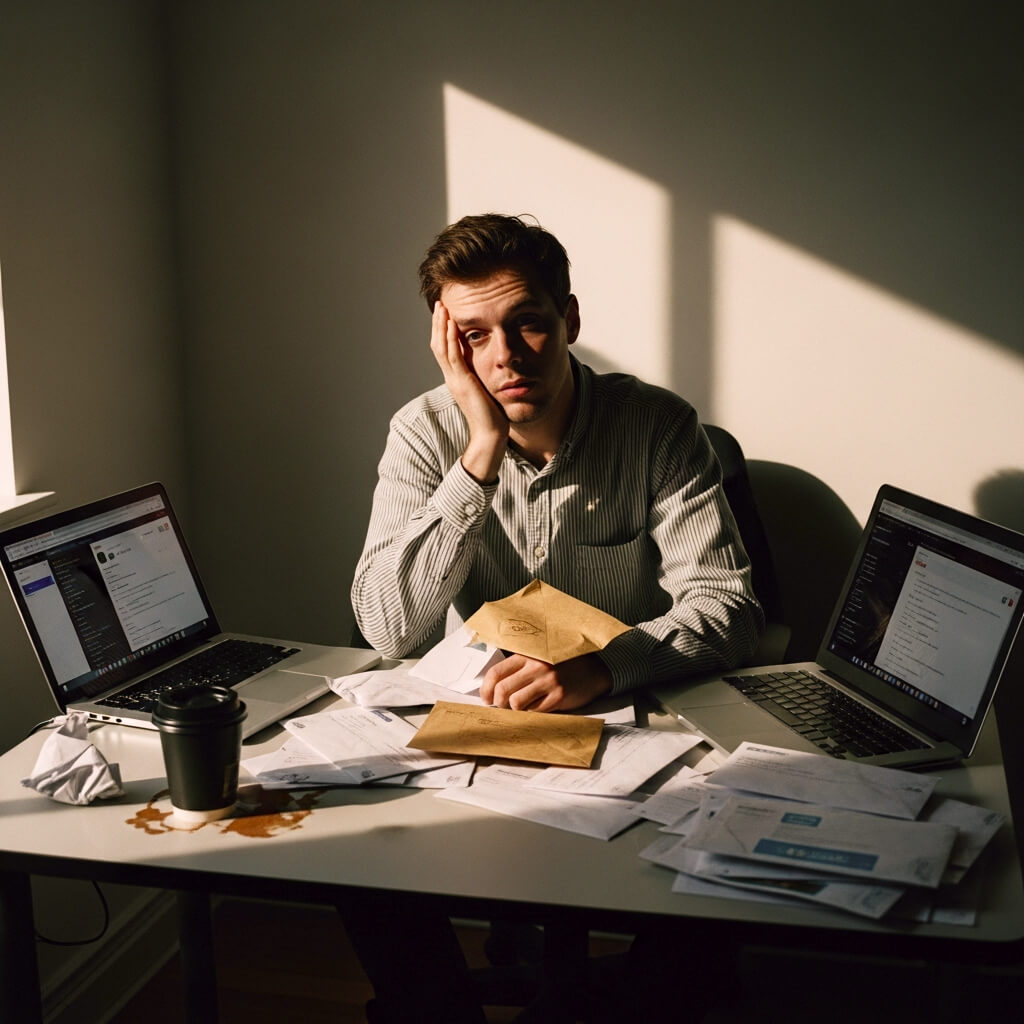 person with a defeated facial expression sitting at a desk of paperwork and failed direct mail campaigns