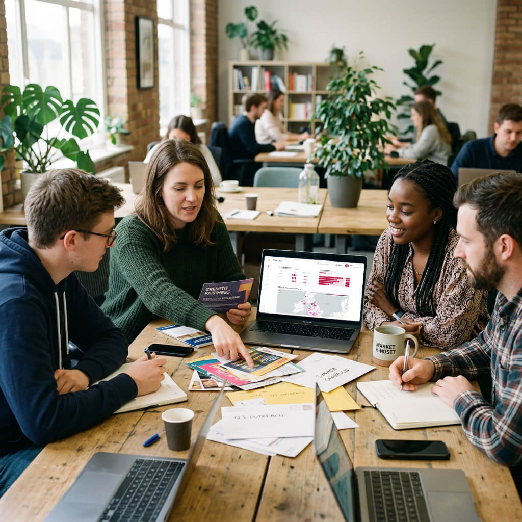 a team of marketing professionals reviewing direct mail options and designs that will grow their business