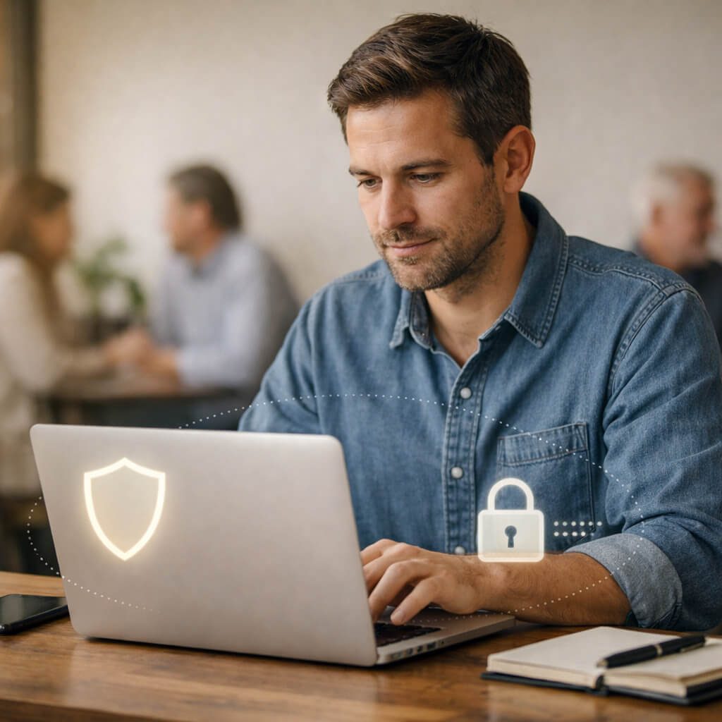 person looking at their computer with safety and a lock graphic showcasing data privacy 