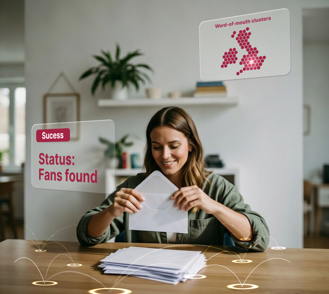 A woman sitting at a table putting together mail with text that says "Status: Fans found"