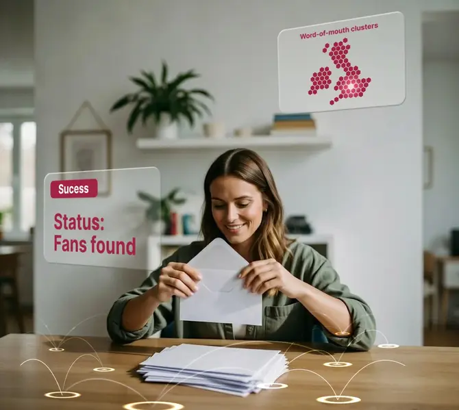 A woman sitting at a table putting together mail with text that says "Status: Fans found"