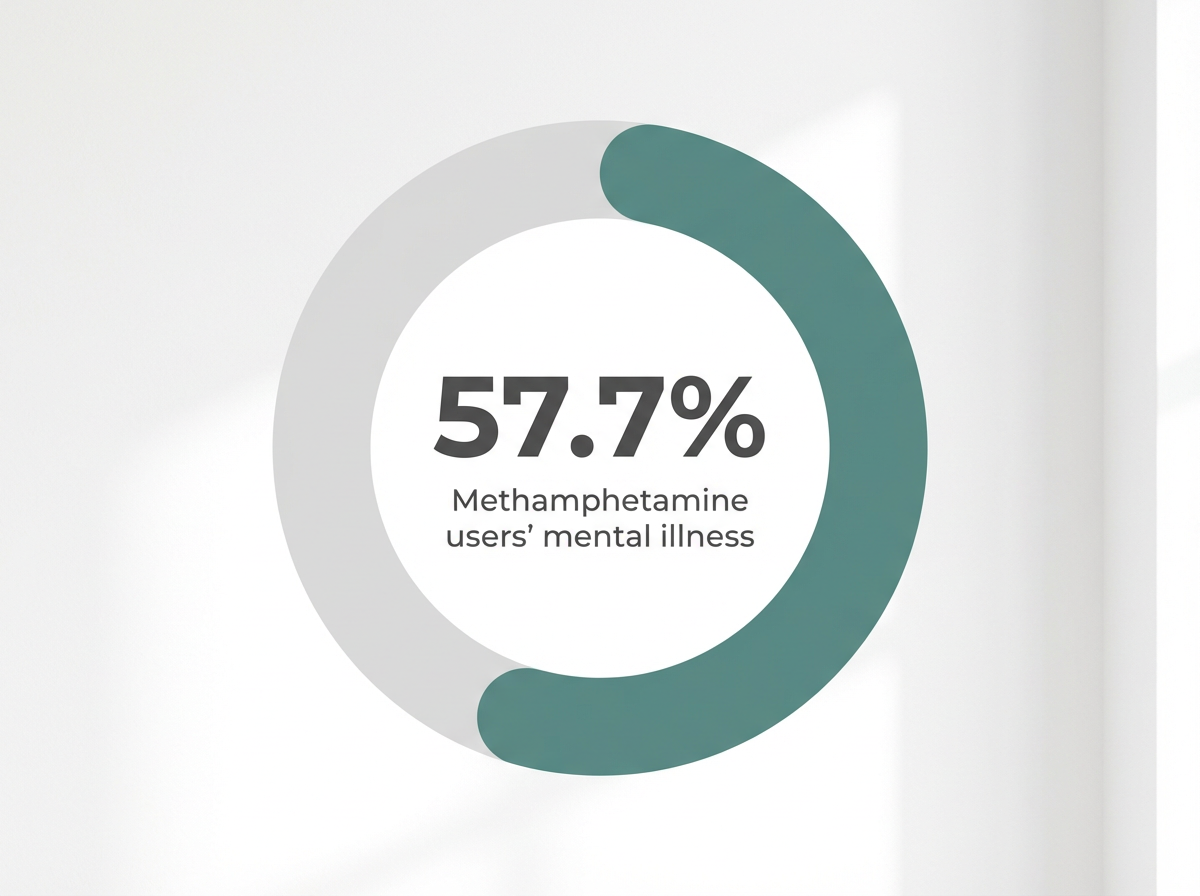 Infographic showing Methamphetamine users reporting any past-year mental illness: 57.7%