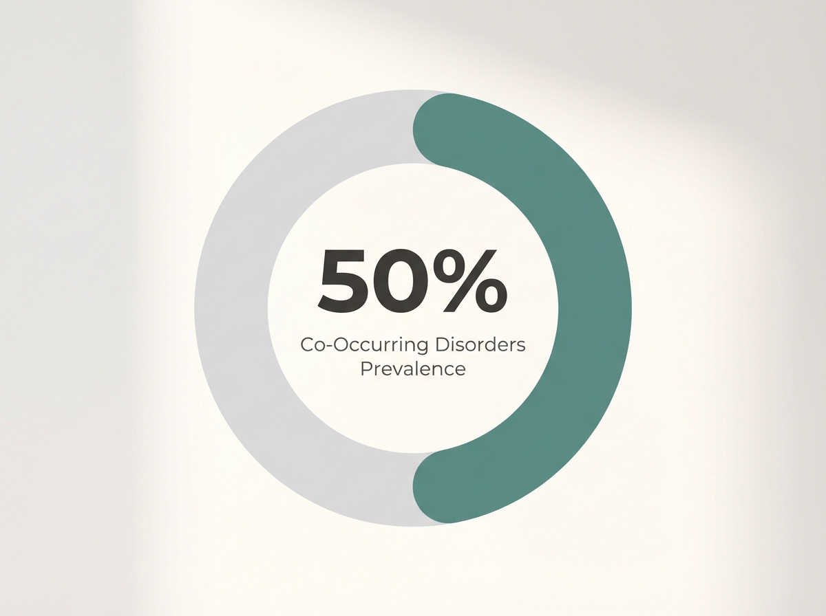 Infographic showing Prevalence of Co-Occurring Mental Health Disorders in People with SUDs: 50%